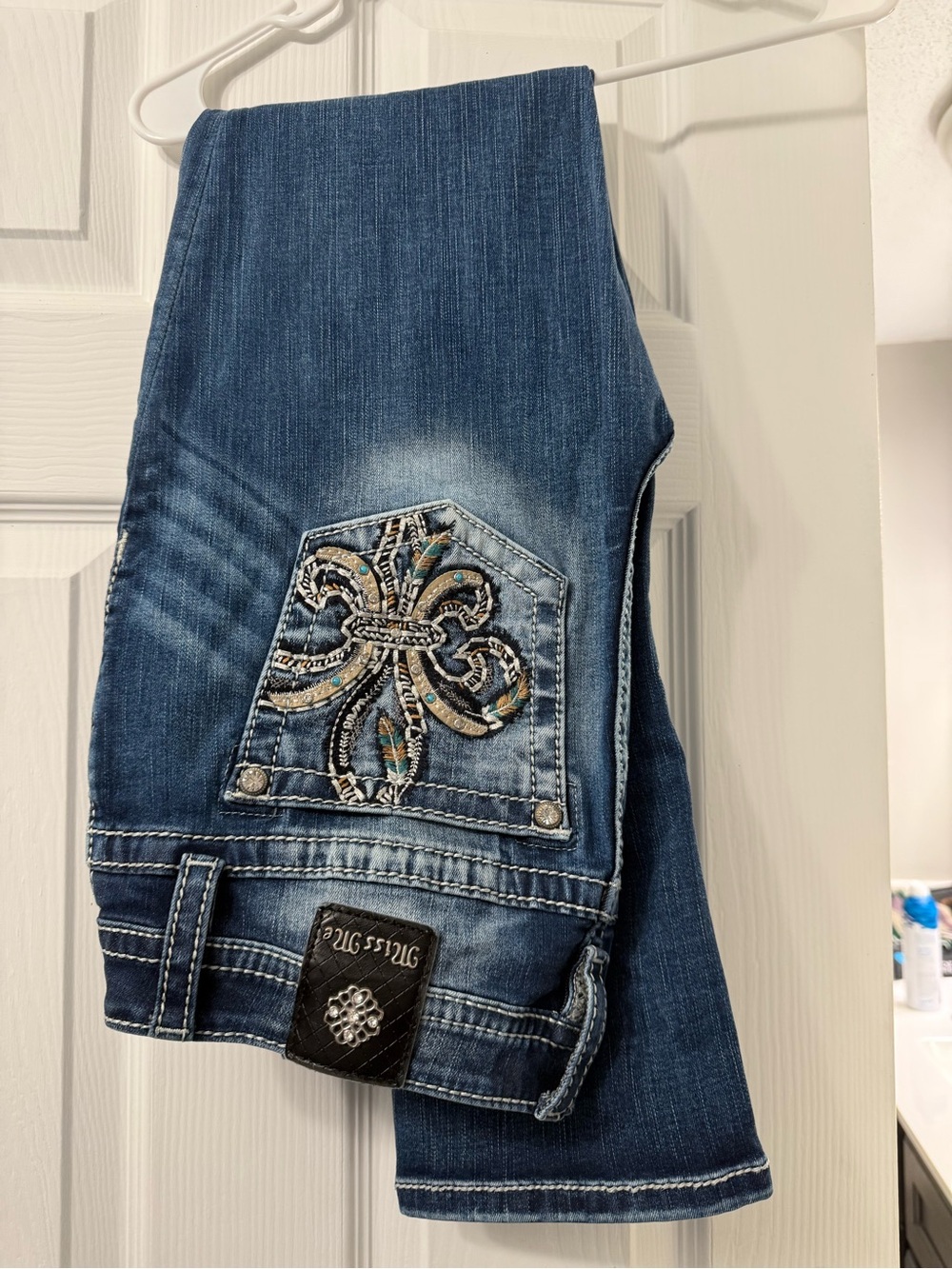 Miss Me Dark Blue Bootcut Jeans with Embroidered Fleur-de-Lis